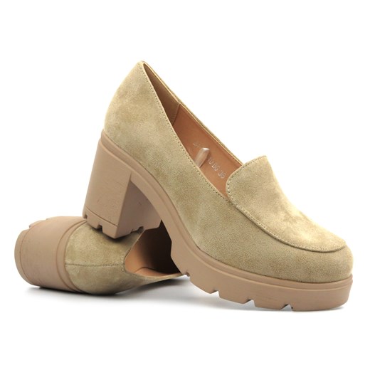 Eleganckie buty damskie na klocku - Potocki 24-12040, beżowe ze sklepu ulubioneobuwie w kategorii Półbuty damskie - zdjęcie 170412578