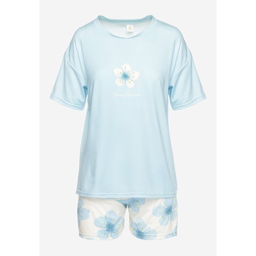 Niebieski Kwiatowy Komplet Piżamowy Koszulka z Krótkim Rękawem i Szorty z Gumką L okazyjna cena Born2be Odzież