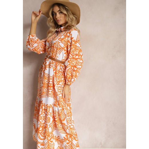 Pomarańczowa Rozkloszowana Sukienka Długa z Falbanką w Ornamentalny Print Naraoda ze sklepu Renee odzież w kategorii Sukienki - zdjęcie 170423027