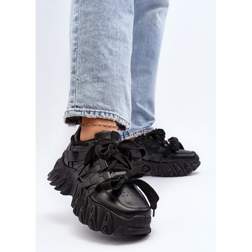 Buty sportowe damskie sneakersy płaskie czarne z tworzywa sztucznego 