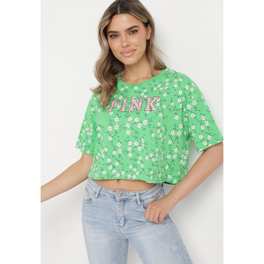Zielony Bawełniany T-shirt Oversize w Kwiatowy Print o Krótkim Fasonie Daelinn ze sklepu Born2be Odzież w kategorii Bluzki damskie - zdjęcie 170441119