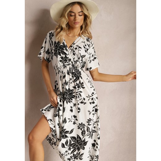 Biało-Czarna Rozkloszowana Sukienka Kopertowa z Kwiatowym Wzorem Mareal ze sklepu Renee odzież w kategorii Sukienki - zdjęcie 170444445