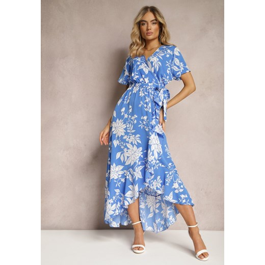 Niebieska Asymetryczna Sukienka Kopertowa z Gumką w Pasie i Kwiatowym Wzorem Renee 2XL okazja Renee odzież