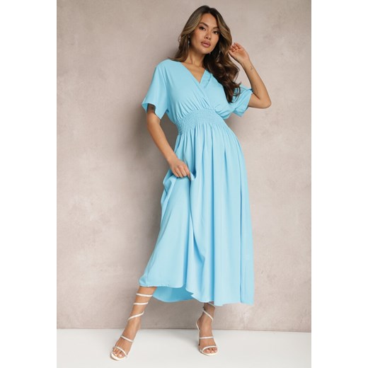 Niebieska Rozkloszowana Sukienka Długa o Kopertowym Kroju Alarava ze sklepu Renee odzież w kategorii Sukienki - zdjęcie 170444505