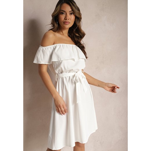 Biała Rozkloszowana Sukienka o Fasonie Hiszpanki z Paskiem w Talii Koralice ze sklepu Renee odzież w kategorii Sukienki - zdjęcie 170444535