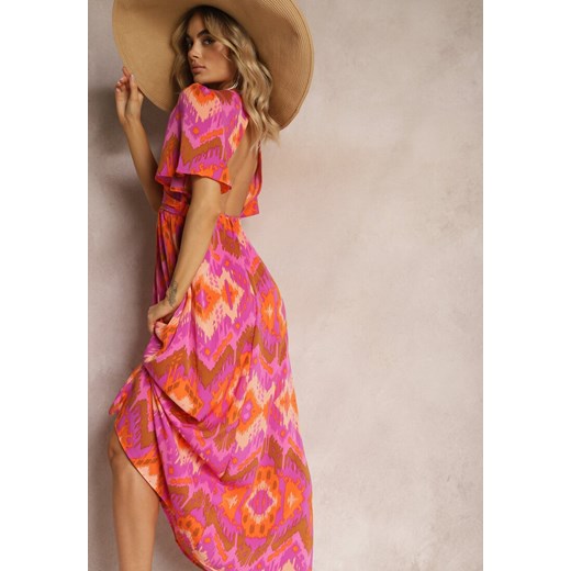 Fioletowo-Pomarańczowa Sukienka Rozkloszowana z Dekoltem w V Natica ze sklepu Renee odzież w kategorii Sukienki - zdjęcie 170444635