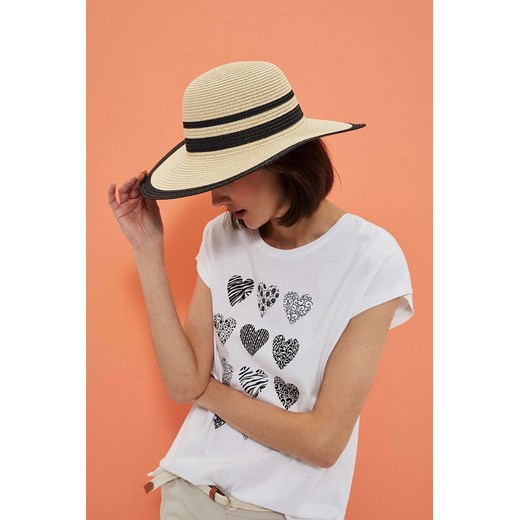 Kapelusz słomkowy z szerokim rondem ozdobiony paskami piaskowy uniwersalny Moodo.pl okazja