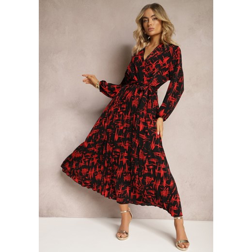Czarno-Czerwona Kopertowa Sukienka Maxi z Plisowanym Dołem i Gumką w Talii Amillica ze sklepu Renee odzież w kategorii Sukienki - zdjęcie 170466005