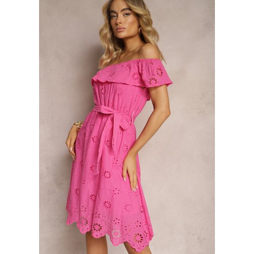 Różowa Hiszpanka Sukienka z Haftowanym Wzorem Wiązana w Talii Florana ze sklepu Renee odzież w kategorii Sukienki - zdjęcie 170466196