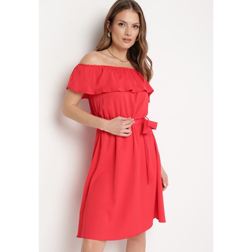 Czerwona Hiszpanka Sukienka z Materiałowym Paskiem o Rozkloszowanym Kroju Konielle ze sklepu Born2be Odzież w kategorii Sukienki - zdjęcie 170478765