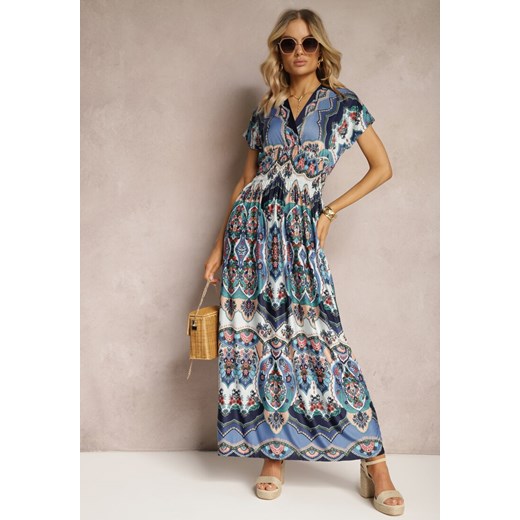 Niebieska Długa Sukienka z Kopertowym Dekoltem i Wzorem Etno z Wiskozy Algrisa ze sklepu Renee odzież w kategorii Sukienki - zdjęcie 170478858