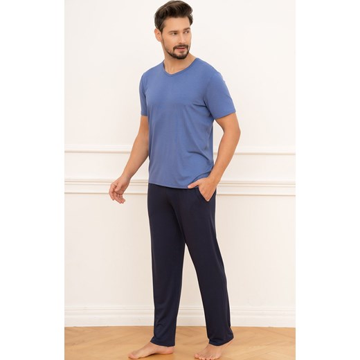 Piżama męska na krótki rękaw i z długimi spodniami Dallas, Kolor niebiesko-granatowy, Rozmiar S, Italian Fashion ze sklepu Intymna w kategorii Piżamy męskie - zdjęcie 170480049