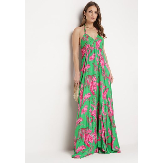 Zielona Letnia Sukienka Maxi w Kwiatowy Wzór o Rozkloszowanym Dole z Wiskozy M Born2be Odzież okazja