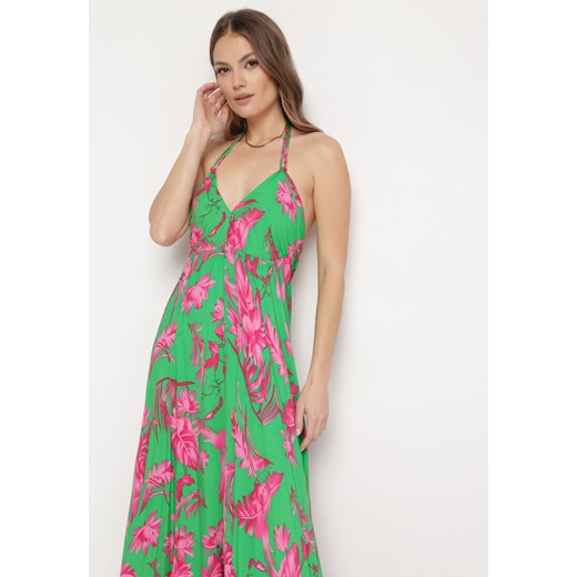 Zielona Letnia Sukienka Maxi w Kwiatowy Wzór o Rozkloszowanym Dole z Wiskozy M Born2be Odzież okazyjna cena