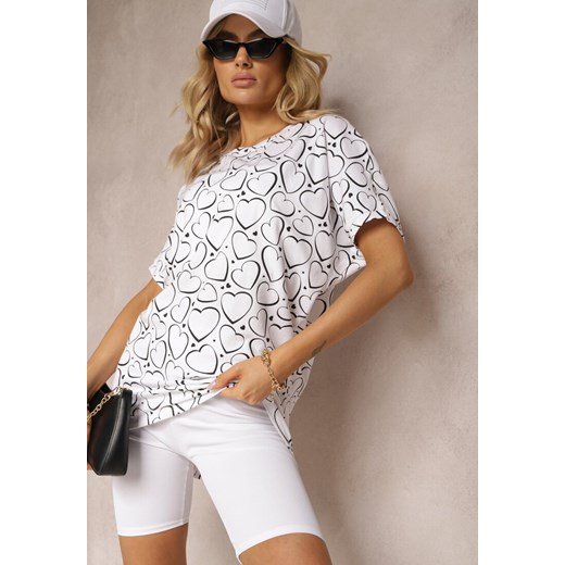 Biały Bawełniany T-shirt z Rękawami Typu Nietoperz i Ozdobnym Nadrukiem Lakira ze sklepu Renee odzież w kategorii Bluzki damskie - zdjęcie 170495778
