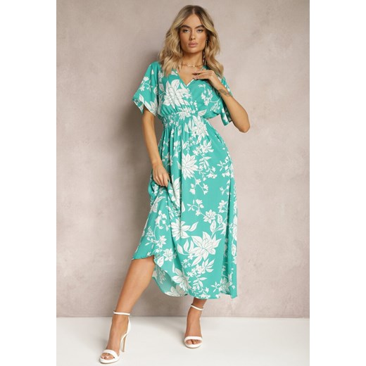 Jasnozielona Rozkloszowana Sukienka Kopertowa z Kwiatowym Wzorem Mareal Renee XL Renee odzież okazyjna cena