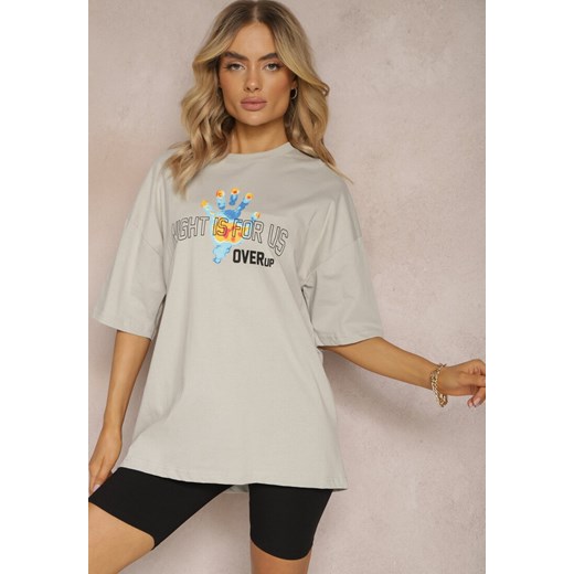 Szary Bawełniany T-shirt z Nadrukami z Przodu i z Tyłu Dianara Renee M Renee odzież okazyjna cena