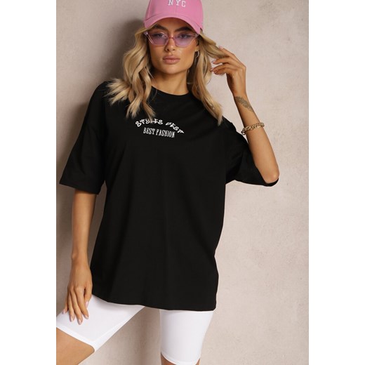 Czarny Bawełniany T-shirt o Fasonie Oversize z Nadrukiem na Przodzie Lisitha Renee M okazja Renee odzież