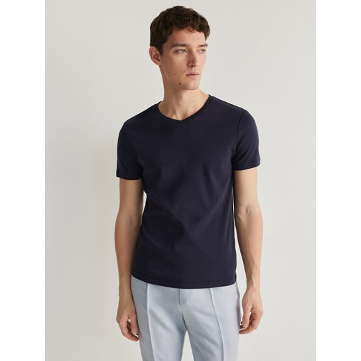 Reserved - T-shirt slim z dekoltem V - granatowy Reserved M Reserved