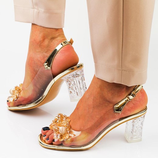 Złote silikonowe sandały damskie na słupku z kryształami, transparentn ze sklepu suzana.pl w kategorii Sandały damskie - zdjęcie 170515927