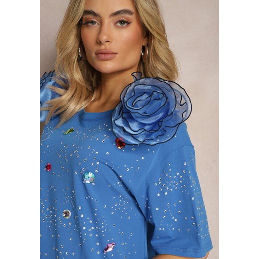 Niebieska Bawełniana Bluzka Prosta z Kryształkami Kwiatami i Cyrkoniami Leokka Renee ONE SIZE Renee odzież okazyjna cena