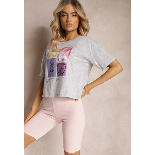 Jasnoszary T-shirt z Bawełny Ozdobiony Nadrukiem Parieltta ze sklepu Renee odzież w kategorii Bluzki damskie - zdjęcie 170523438
