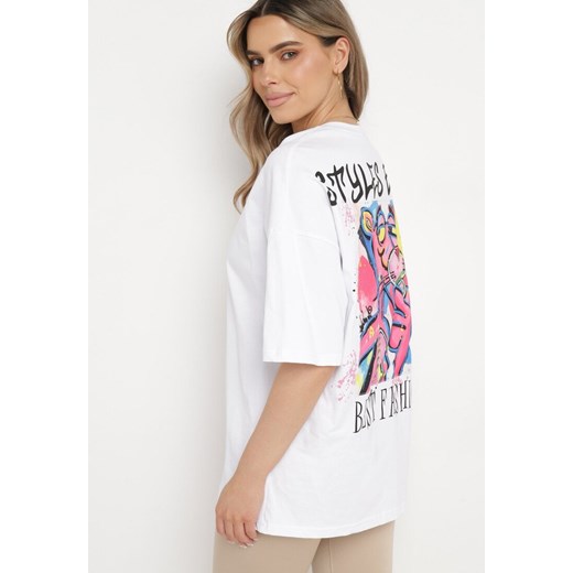 Biały T-shirt Oversize z Bawełny z Dużym Nadrukiem Kestrella ze sklepu Born2be Odzież w kategorii Bluzki damskie - zdjęcie 170523958