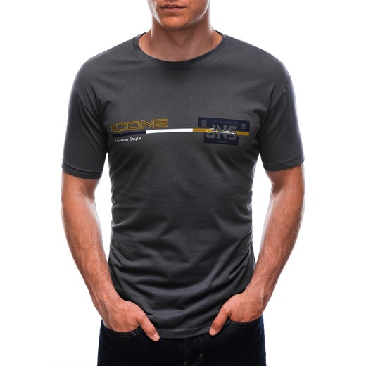 T-shirt męski z nadrukiem 1715S - grafitowy ze sklepu Edoti w kategorii T-shirty męskie - zdjęcie 170526408