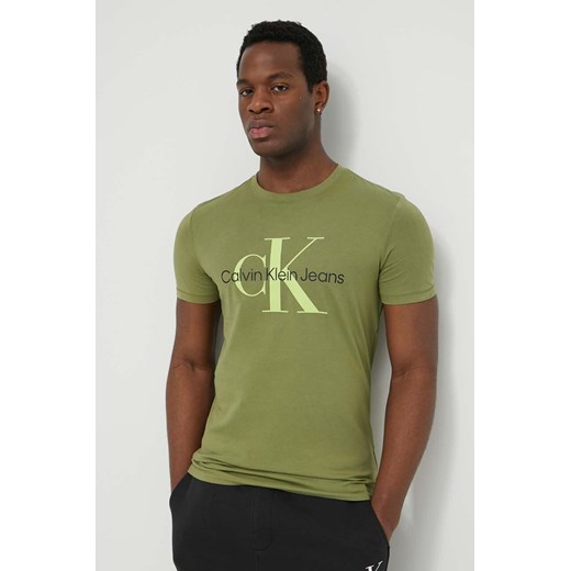 Calvin Klein Jeans t-shirt bawełniany kolor zielony z nadrukiem S ANSWEAR.com
