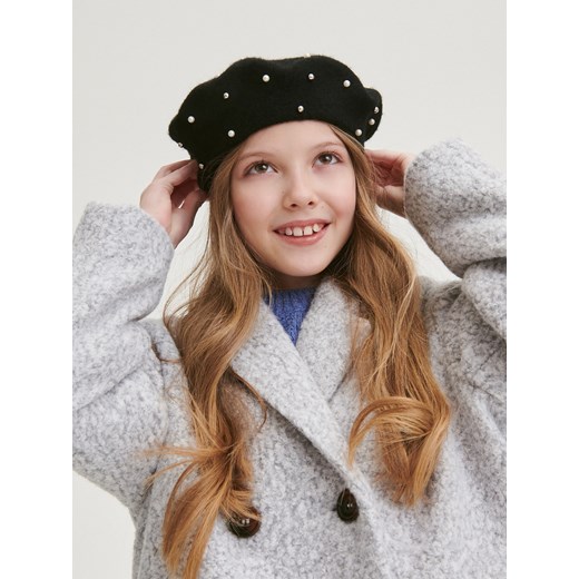 Reserved - Wełniany beret z perełkami - czarny ze sklepu Reserved w kategorii Czapki dziecięce - zdjęcie 170527788