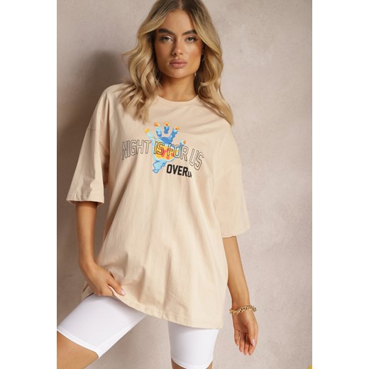 Beżowy Bawełniany T-shirt z Nadrukami z Przodu i z Tyłu Dianara ze sklepu Renee odzież w kategorii Bluzki damskie - zdjęcie 170529277