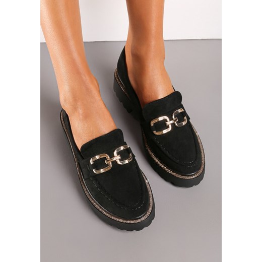 Czarne Mokasyny Wsuwane na Grubej Podeszwie z Cyrkoniami i Metalową Ozdobą 40 okazyjna cena born2be.pl