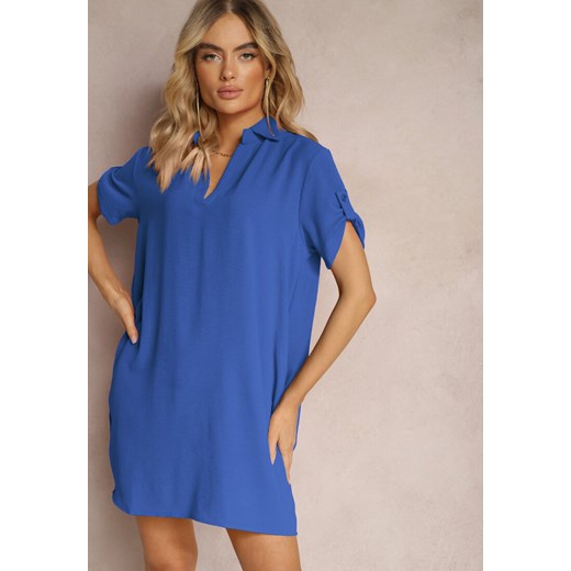 Niebieska Bluzka Tunika z Kołnierzykiem o Pudełkowym Fasonie z Kieszonkami Renee XL okazja Renee odzież