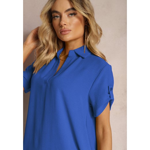 Niebieska Bluzka Tunika z Kołnierzykiem o Pudełkowym Fasonie z Kieszonkami Renee XL okazyjna cena Renee odzież