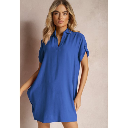 Niebieska Bluzka Tunika z Kołnierzykiem o Pudełkowym Fasonie z Kieszonkami Renee XL Renee odzież okazja