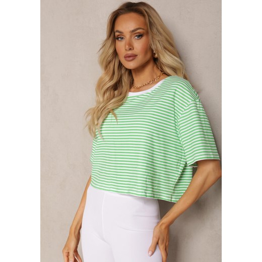 Zielony Oversizowy T-shirt Cropped w Paski z Elastycznej Bawełny Akrida ze sklepu Renee odzież w kategorii Bluzki damskie - zdjęcie 170542268