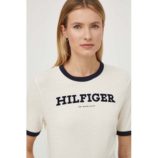 Tommy Hilfiger t-shirt bawełniany damski kolor beżowy WW0WW41208 ze sklepu ANSWEAR.com w kategorii Bluzki damskie - zdjęcie 170544998