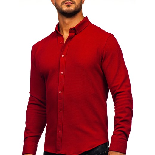Koszula męska Denley z długim rękawem czerwona z kołnierzykiem button down 
