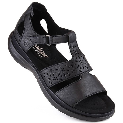 Skórzane komfortowe sandały damskie na rzep czarne Rieker 64865-01 ze sklepu ButyModne.pl w kategorii Sandały damskie - zdjęcie 170568908