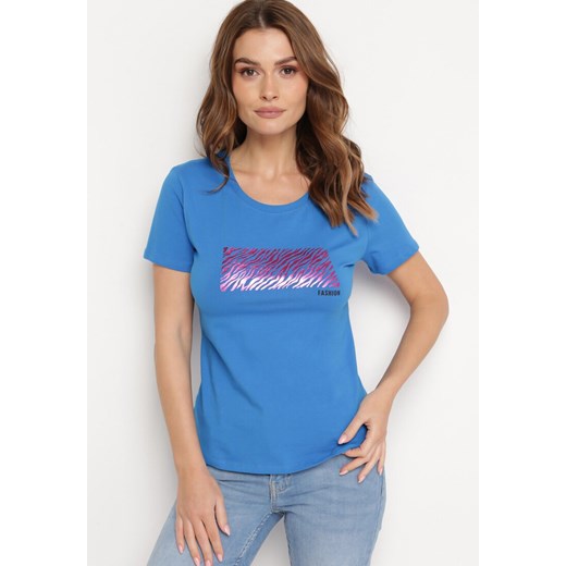 Niebieski Bawełniany T-shirt z Nadrukiem na Przodzie Subsoria ze sklepu Born2be Odzież w kategorii Bluzki damskie - zdjęcie 170570928