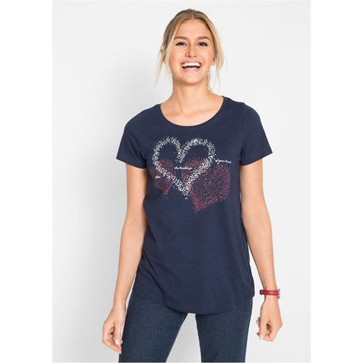 Shirt bawełniany z nadrukiem serca, krótki rękaw ze sklepu bonprix w kategorii Bluzki damskie - zdjęcie 170590946