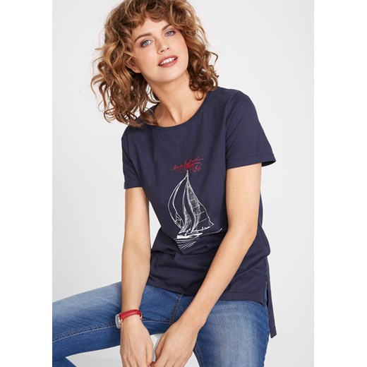 T-shirt bawełniany z rozcięciem z boku i nadrukiem ze sklepu bonprix w kategorii Bluzki damskie - zdjęcie 170591137