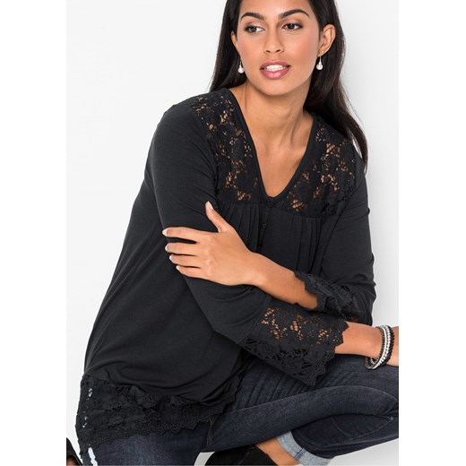 Shirt z długim rękawem i koronką 52/54 promocja bonprix