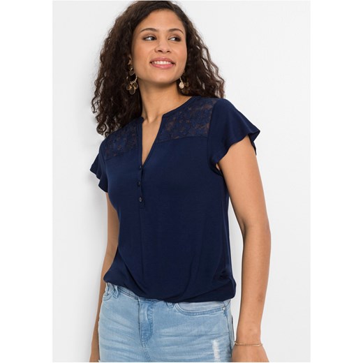 Shirt z dekoltem henley i koronką ze zrównoważonej wiskozy ze sklepu bonprix w kategorii Bluzki damskie - zdjęcie 170594847