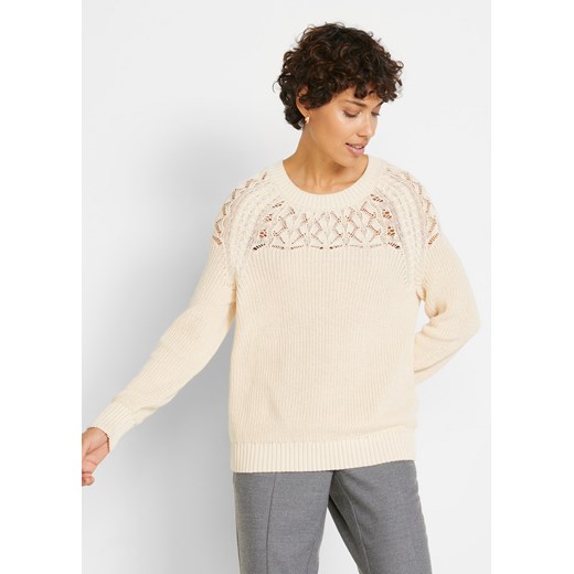 Sweter bawełniany w ażurowy wzór ze sklepu bonprix w kategorii Swetry damskie - zdjęcie 170610129