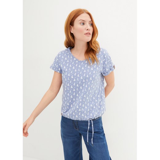 T-shirt z nadrukiem i wiązanym troczkiem ze sklepu bonprix w kategorii Bluzki damskie - zdjęcie 170612838
