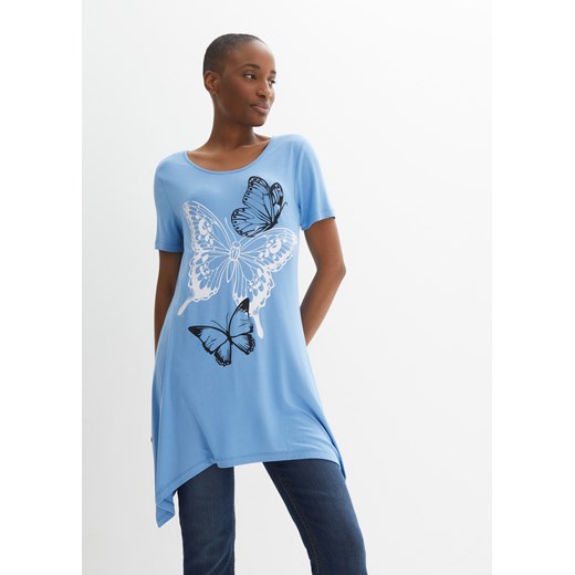 Długi shirt z dłuższymi bokami i nadrukiem w motyle ze sklepu bonprix w kategorii Bluzki damskie - zdjęcie 170621296