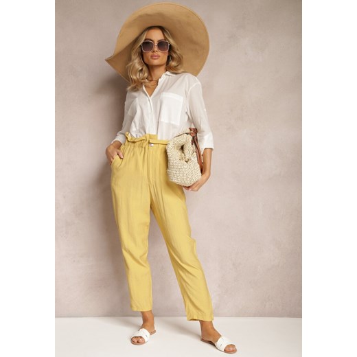 Żółte Klasyczne Spodnie z Elastyczną Talią Paper Bag Targea ze sklepu Renee odzież w kategorii Spodnie damskie - zdjęcie 170627636
