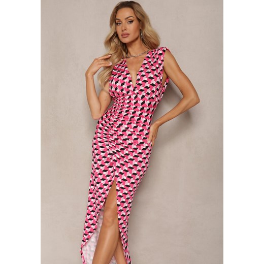 Różowo-Czarna Dopasowana Sukienka Maxi z Marszczeniem i Rozcięciem Kalalia ze sklepu Renee odzież w kategorii Sukienki - zdjęcie 170628057