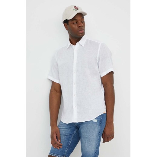 BOSS koszula lniana kolor biały regular z kołnierzykiem klasycznym 50515156 ze sklepu ANSWEAR.com w kategorii Koszule męskie - zdjęcie 170632605